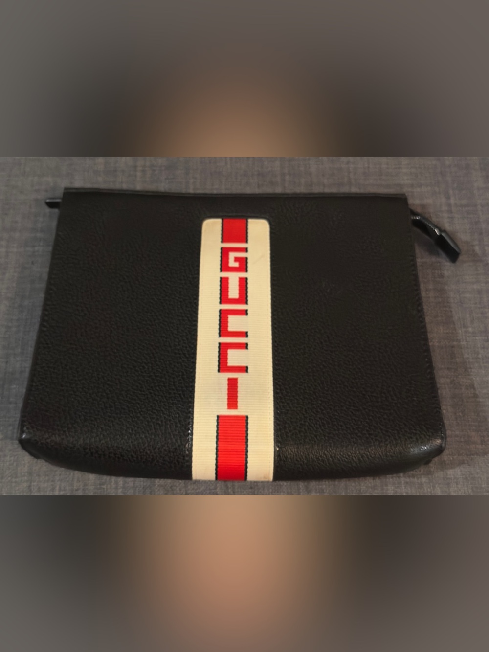 Gucci Black Leather Key & Card Pouch with Red and White Stripe
